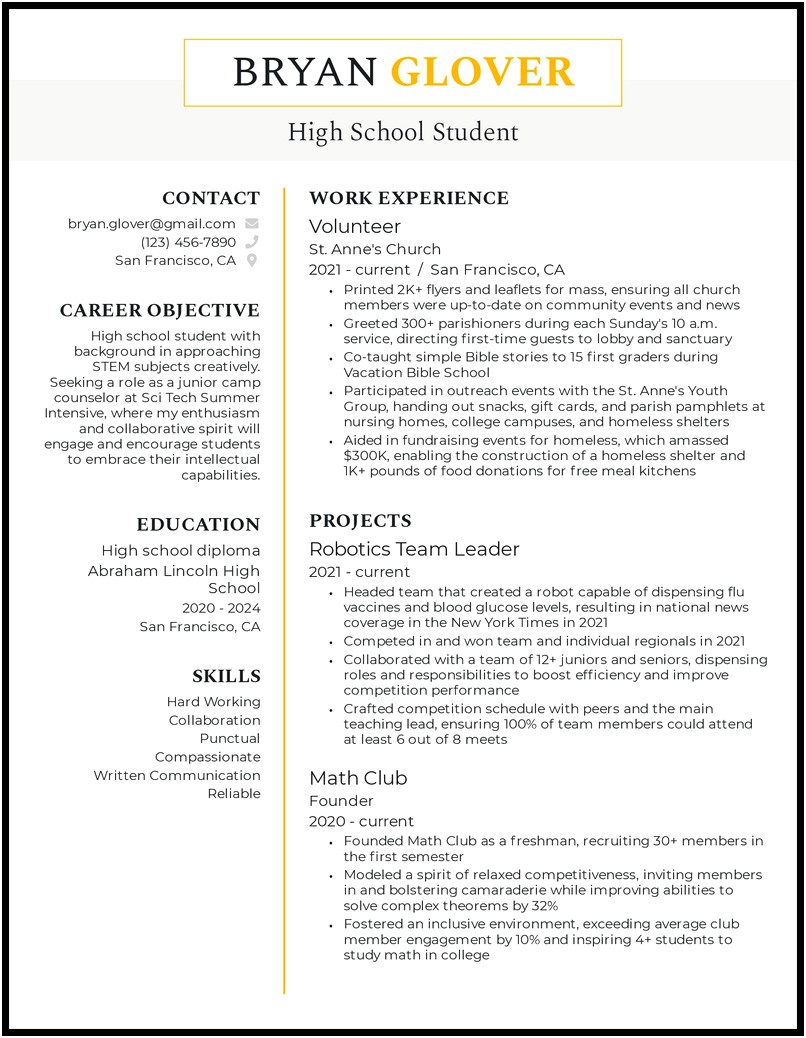 Template For High School Resume No Work Experience
