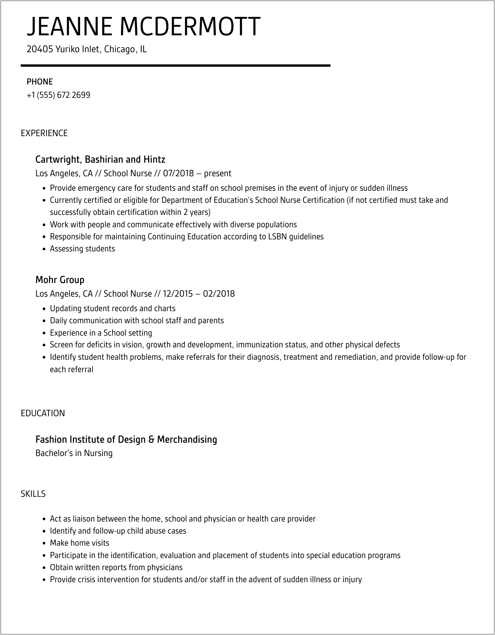 Template For Resume For School Nurse Position
