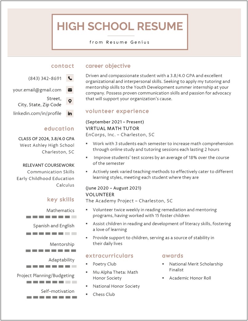 Template For Resume High School Student