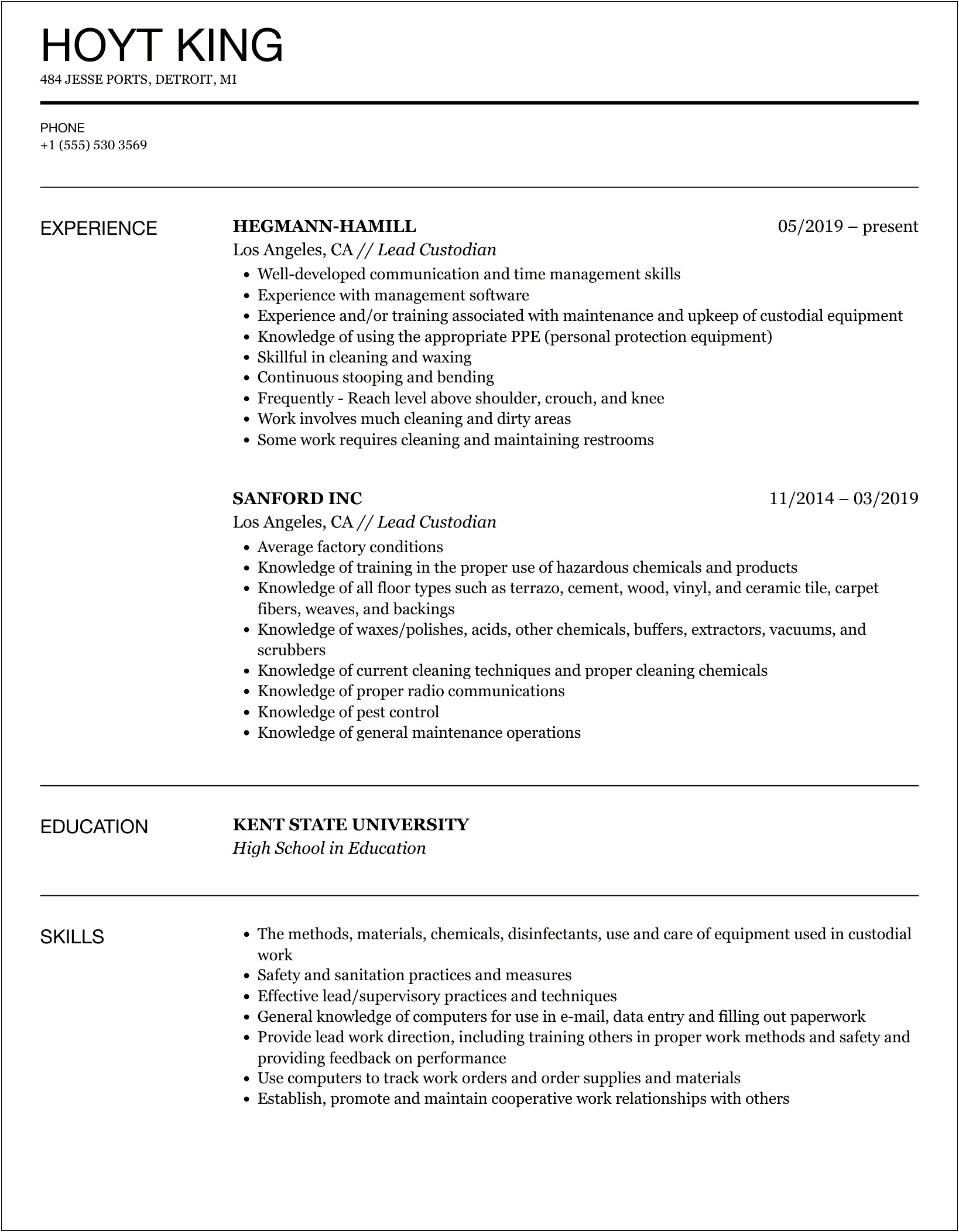Template For Resume Skills Janitorial Work