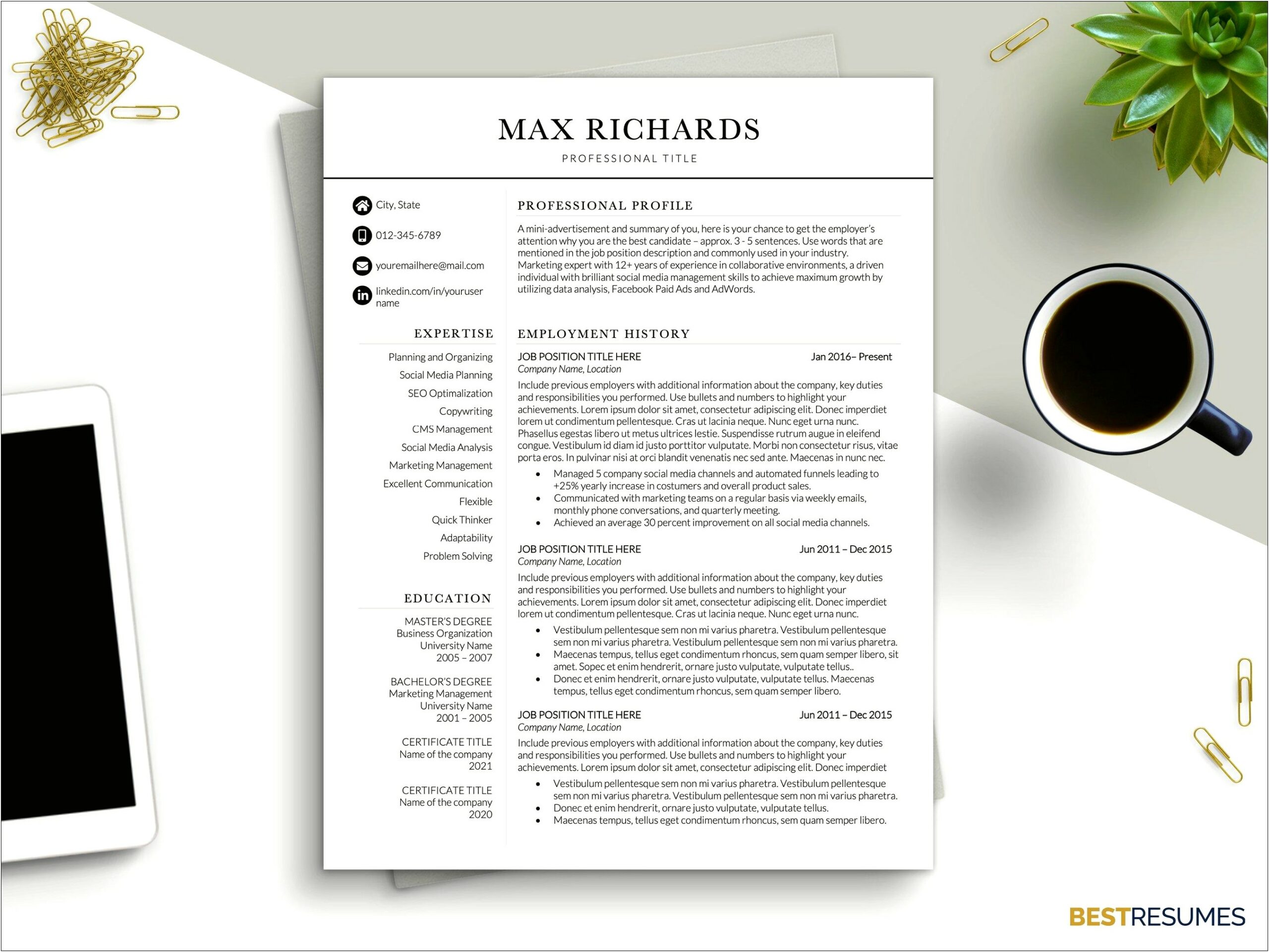 Template Of One Page Resume In Word