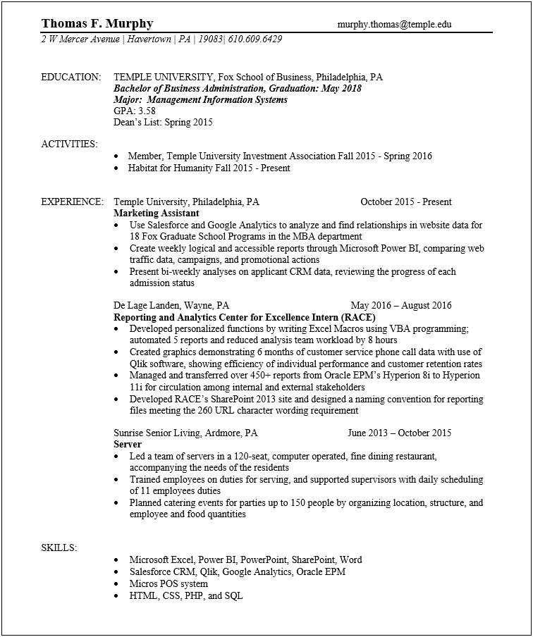 Temple University Fox School Of Business Resume