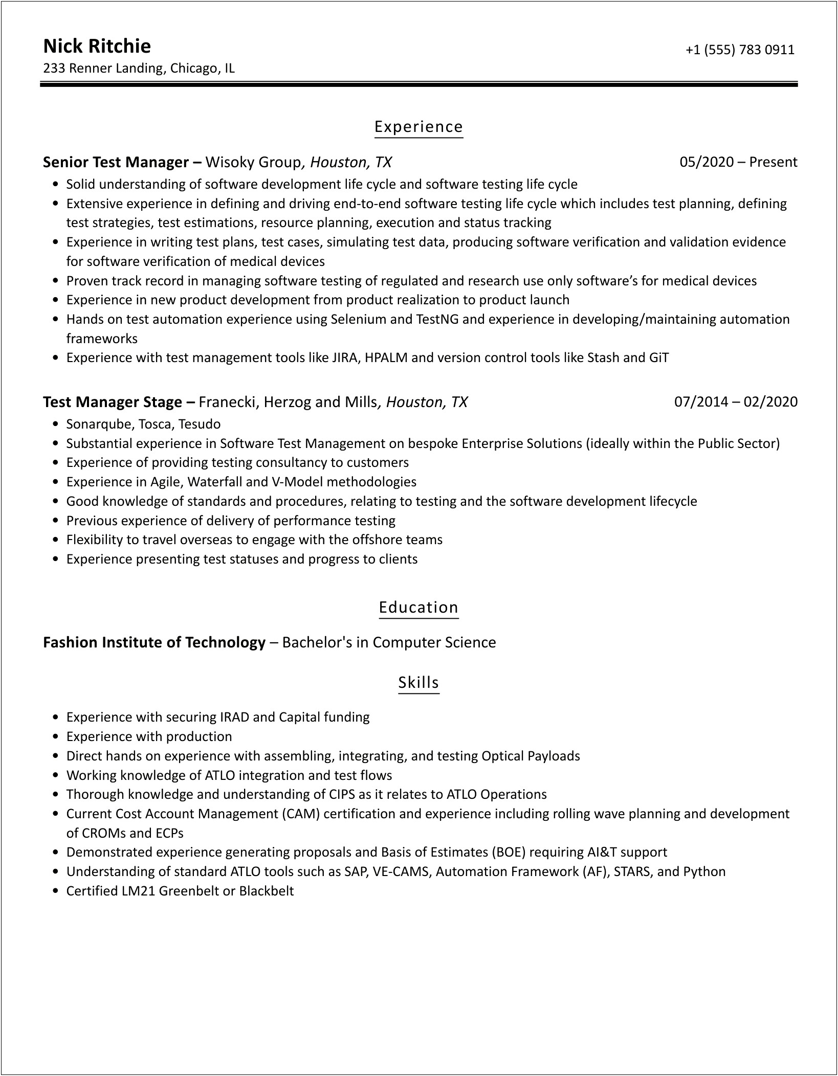 Test Manager Roles And Responsibilities Resume