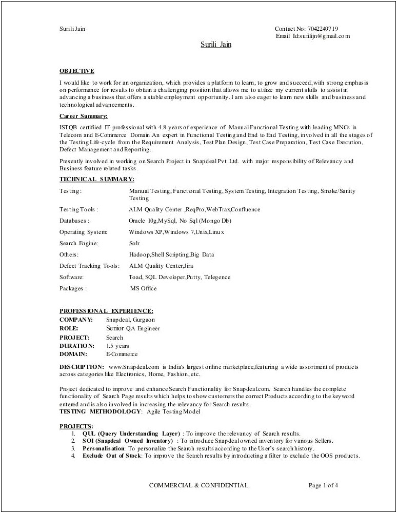 Testing Resume For 1.5 Years Experience