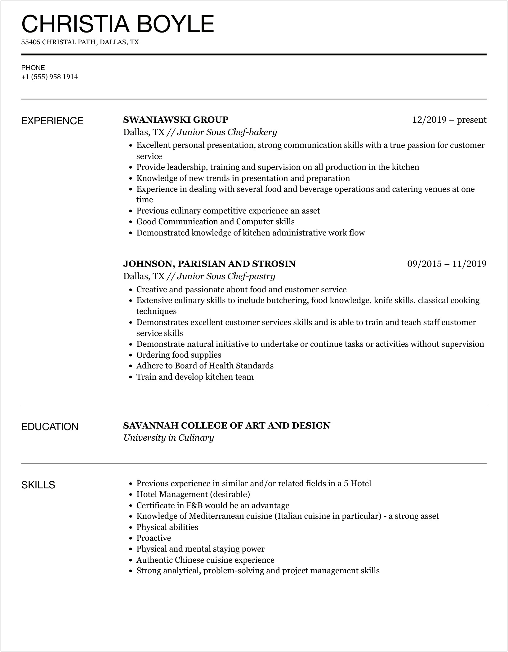 The Best Resume Sample Of Sous Chef