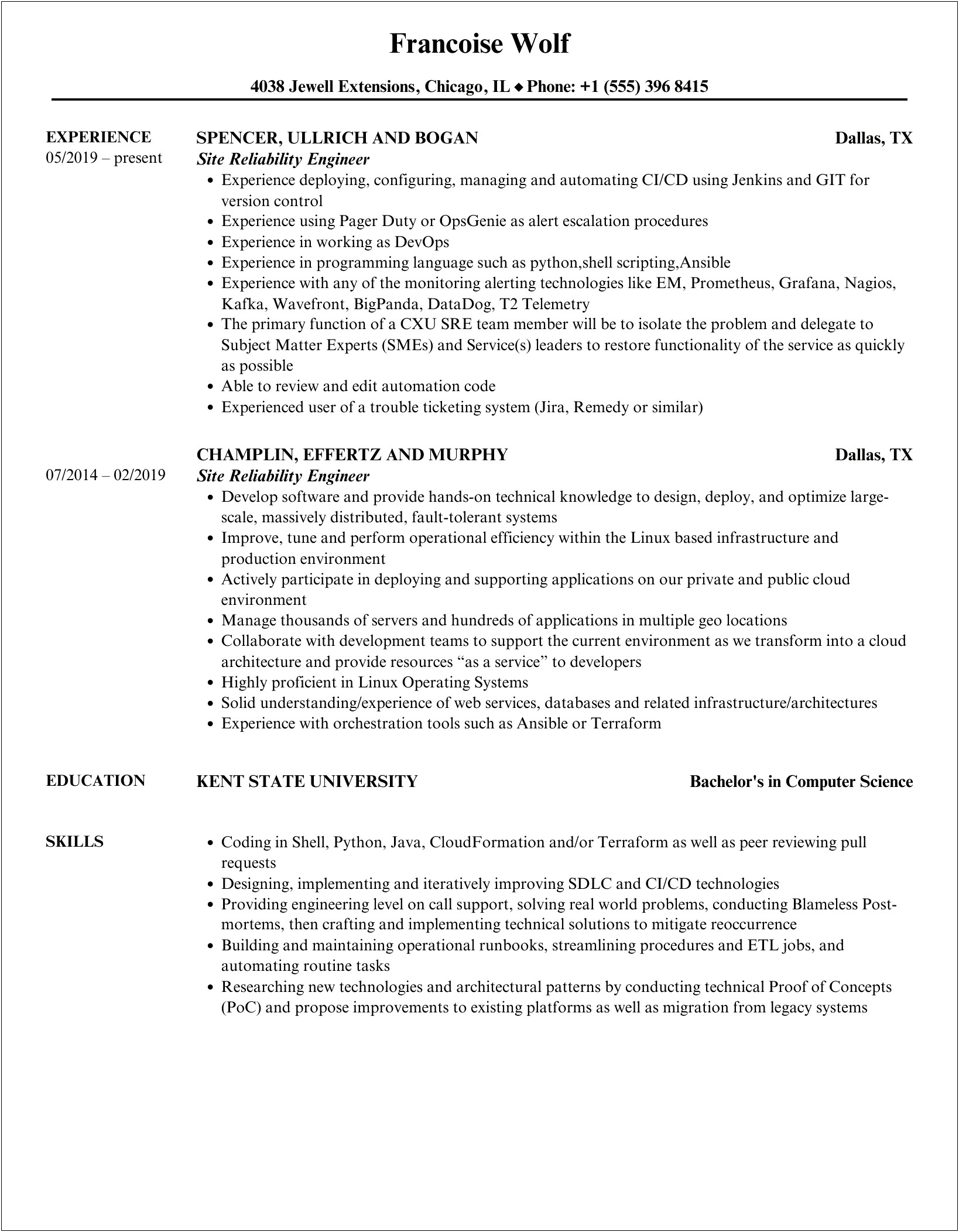 The Site Reliability Engineer Sample Resume