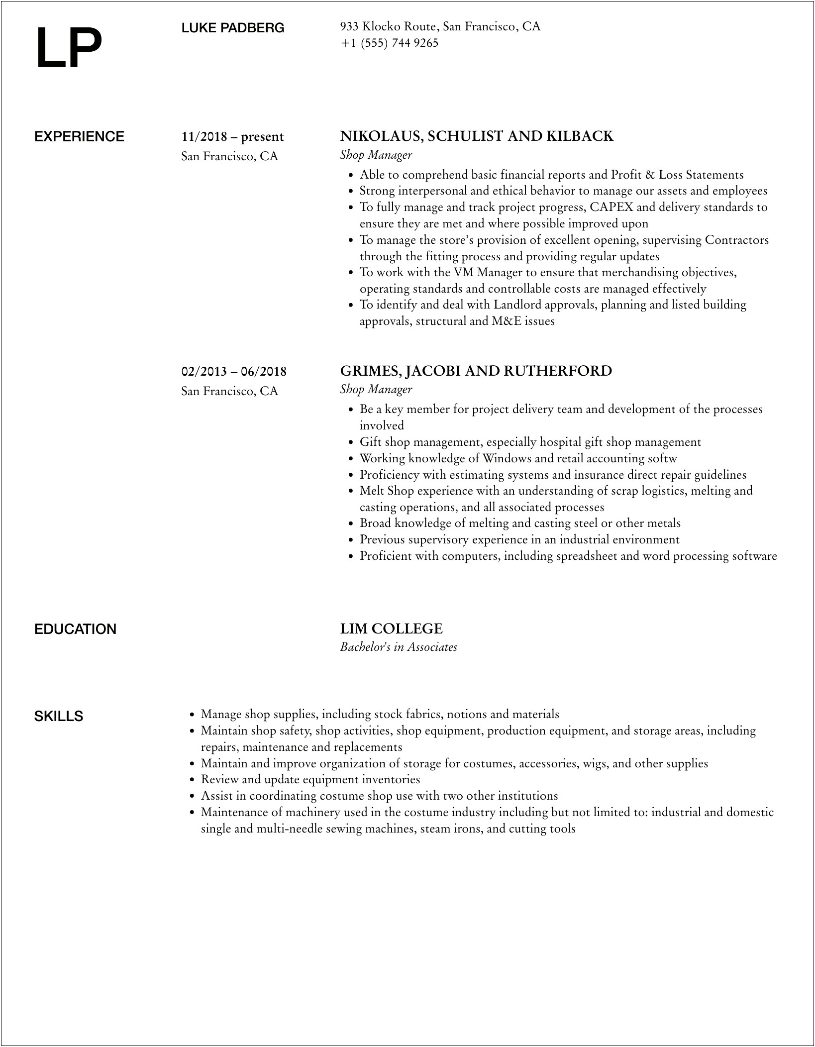 Theater Costume Shop Manager Resume Example