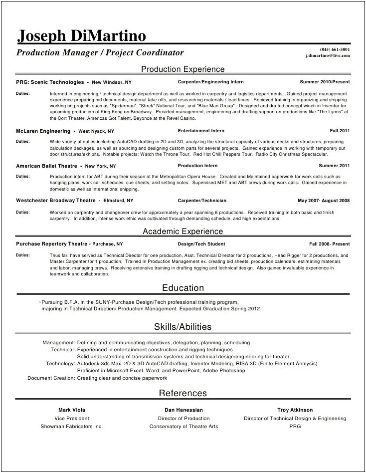 Theatre Design And Production Resume Examples