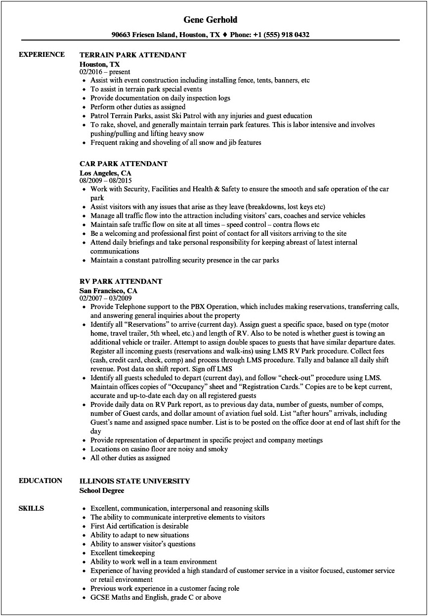 Theme Park Job Description For Resume