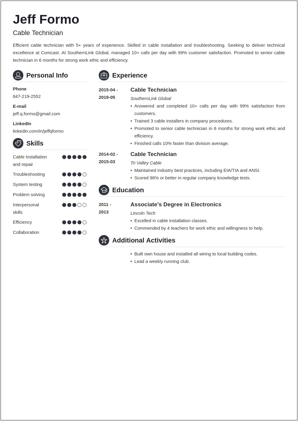 Time Warner Cable Field Technician Resume Sample
