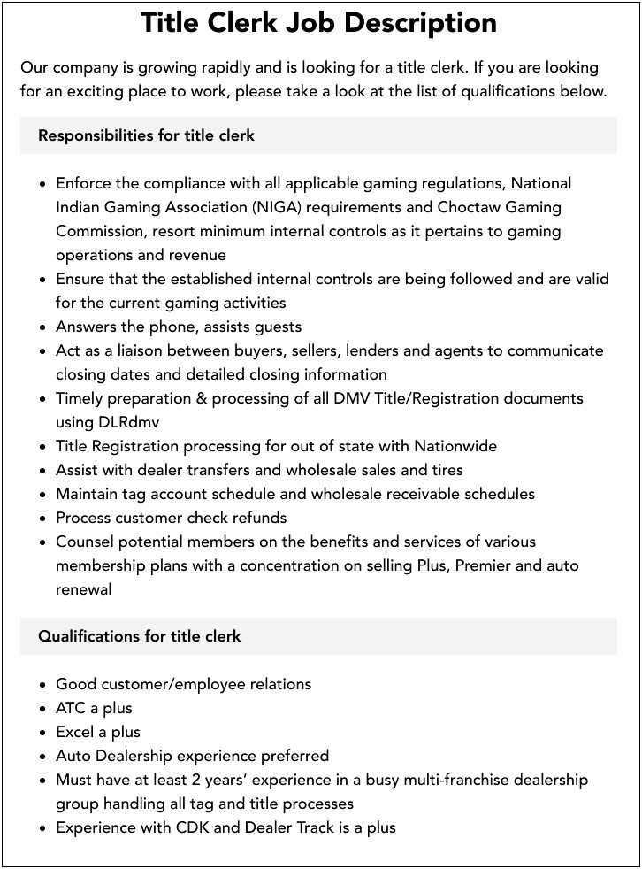 Title Clerk Job Description For Resume