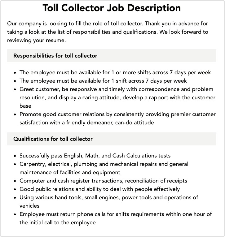 Toll Collector Job Description For Resume