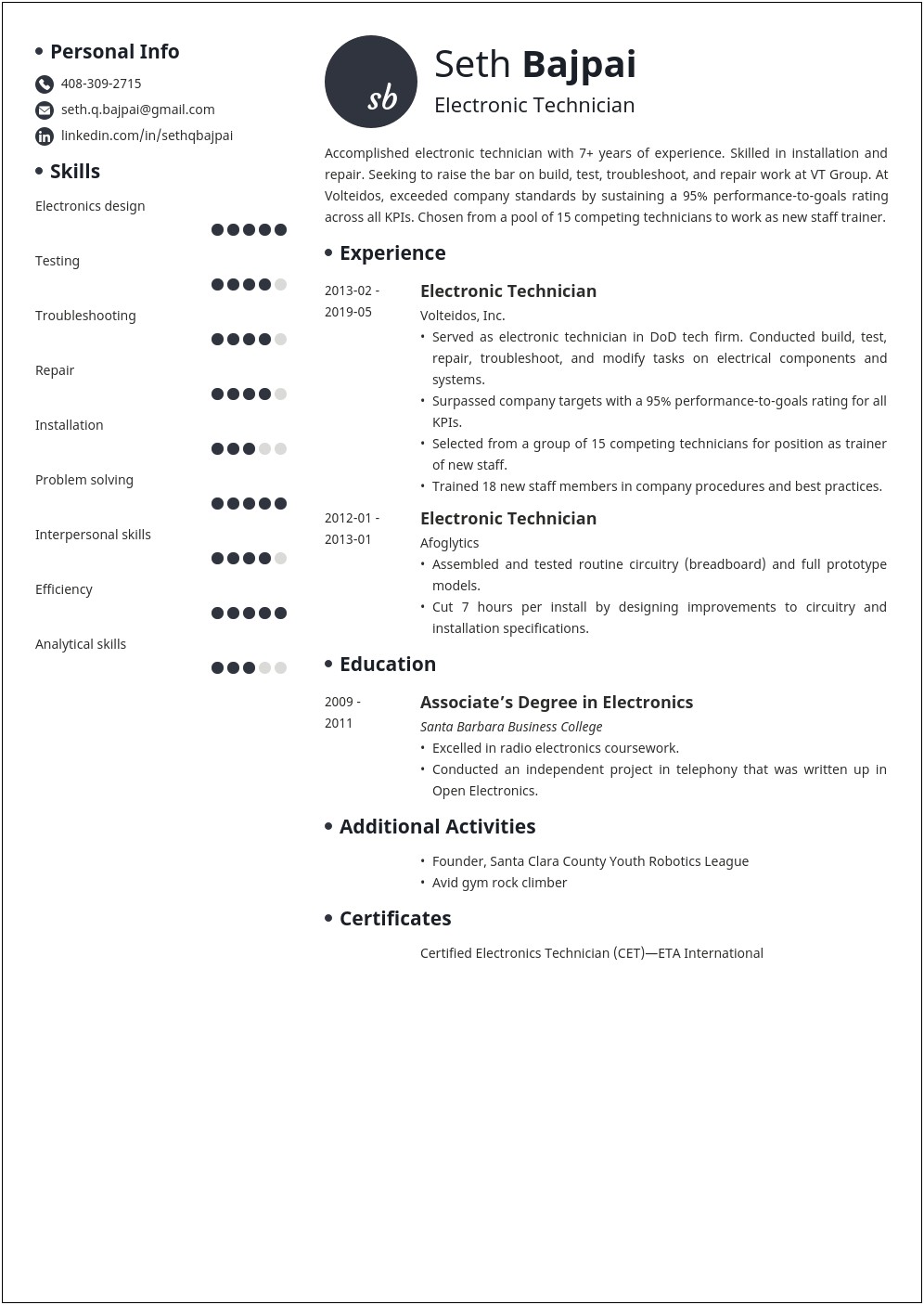 Top Stopper Sample Resume For Electronic Technician