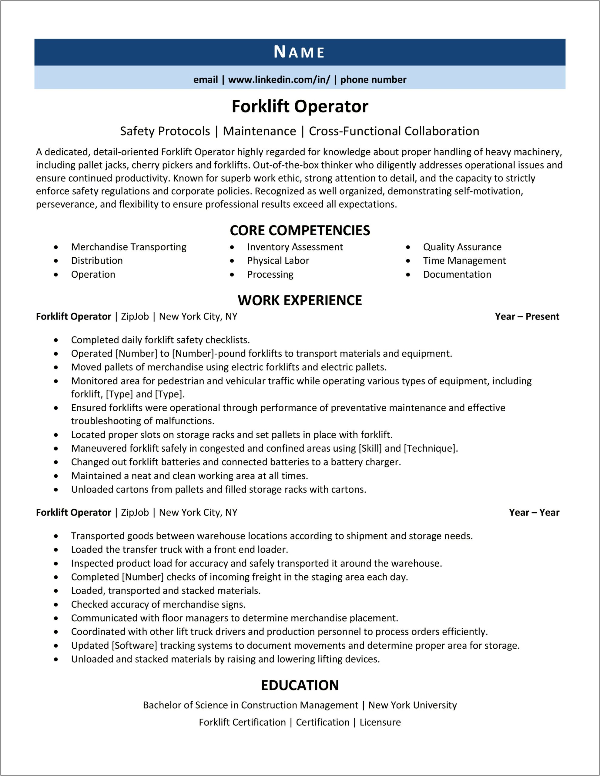 Tow Motor Operator Job Description For Resume