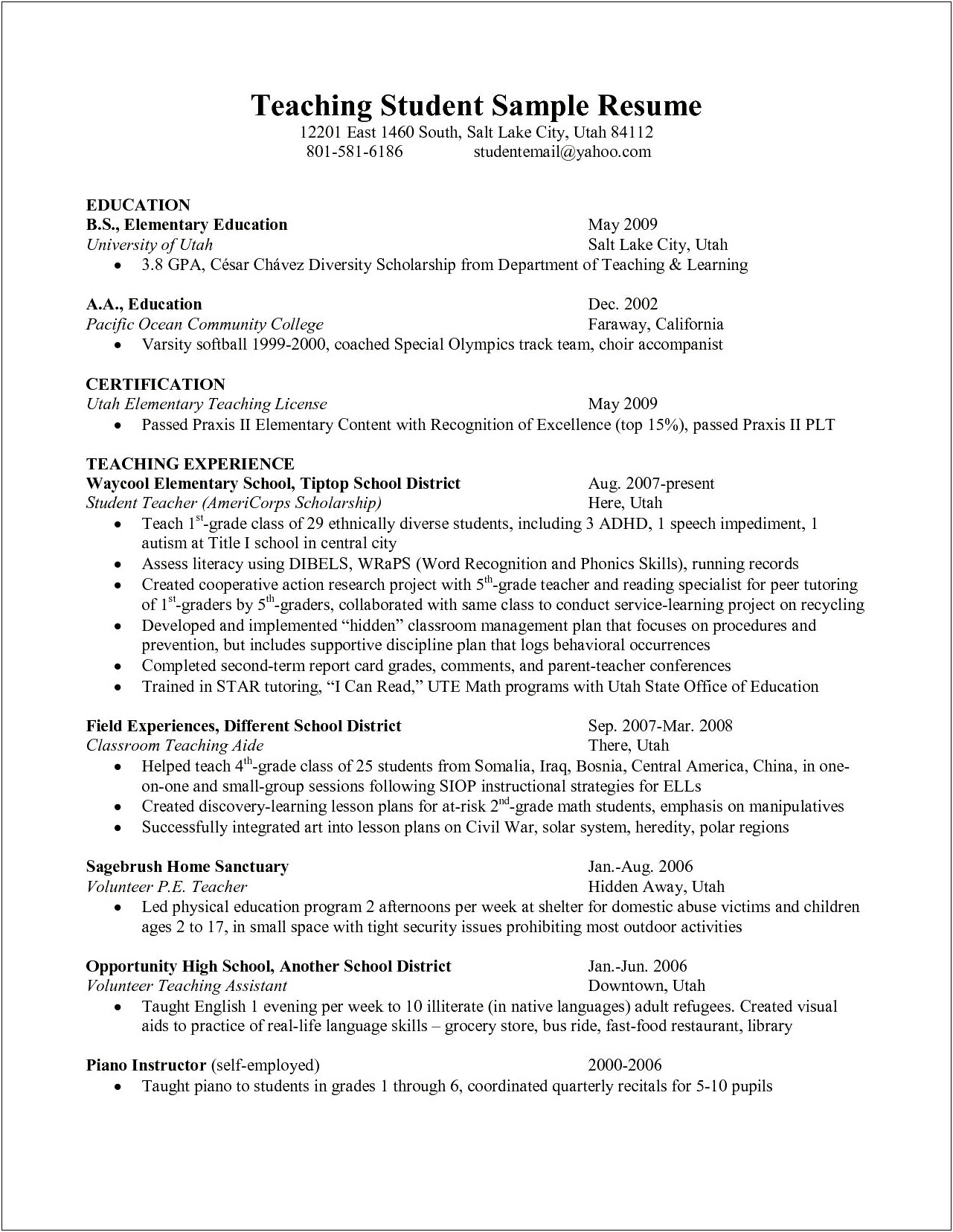 Track And Field College Resume Description