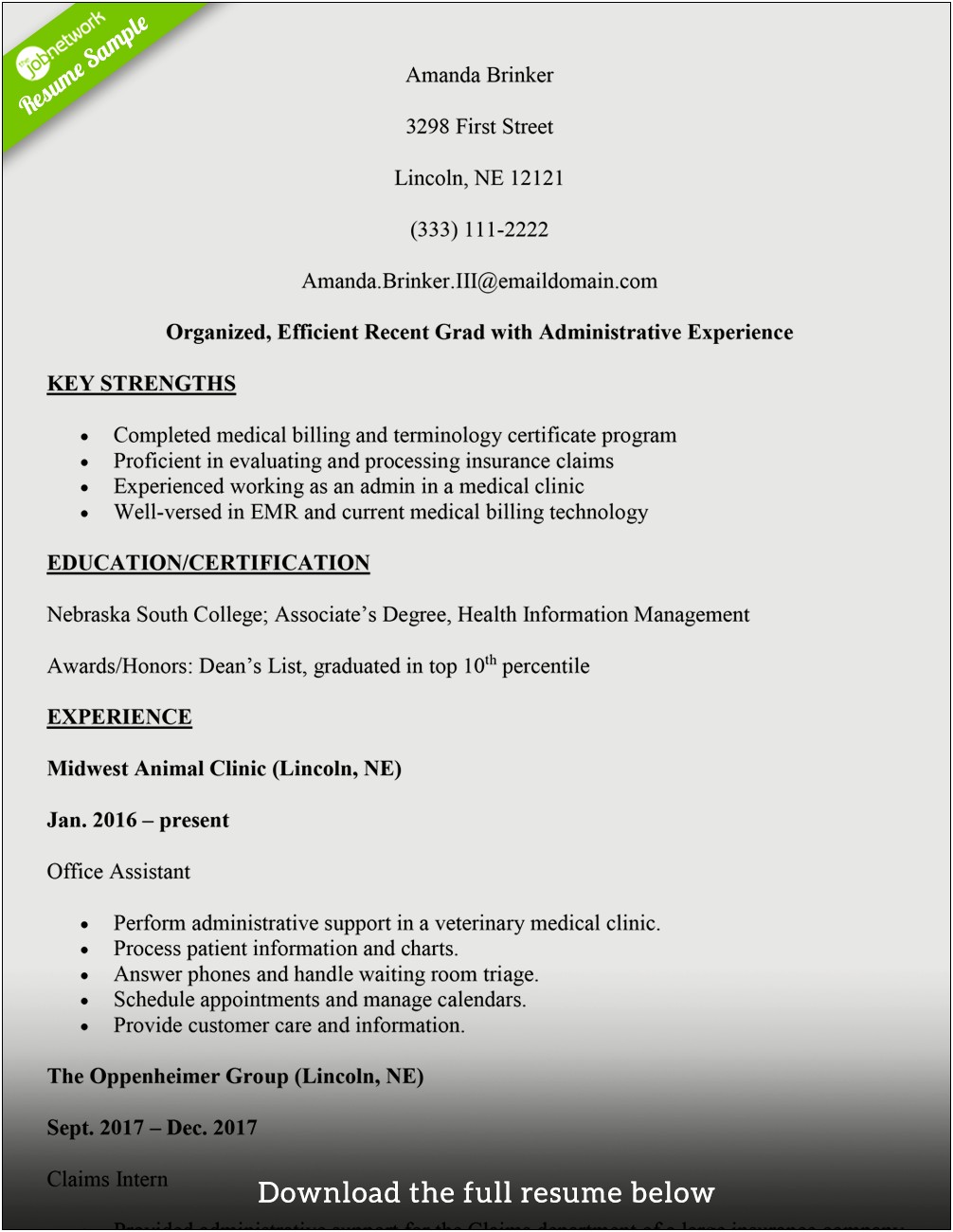 Traditional Resume Example For Billing Position