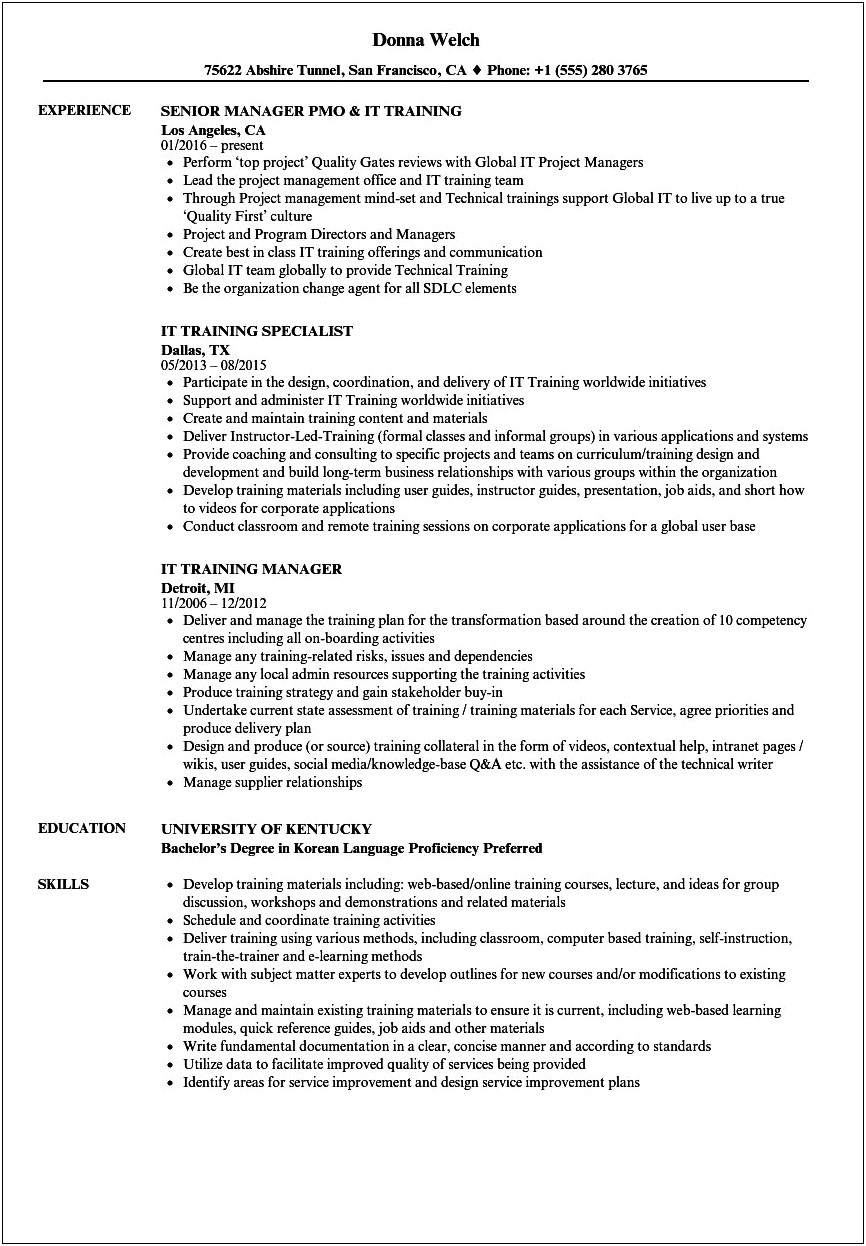 Training And Additional Skills For Resume