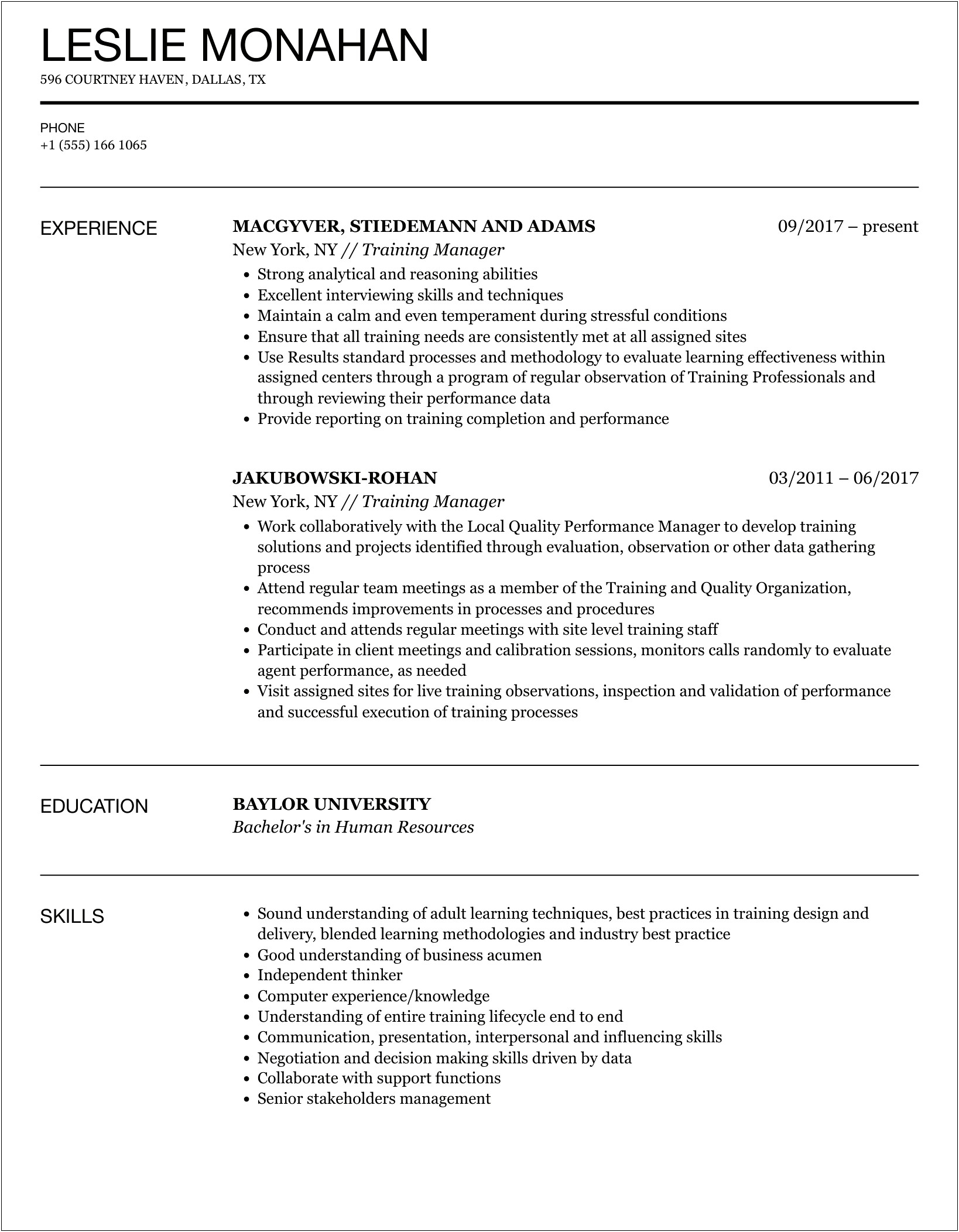 Training Manager Resume With Results Examples