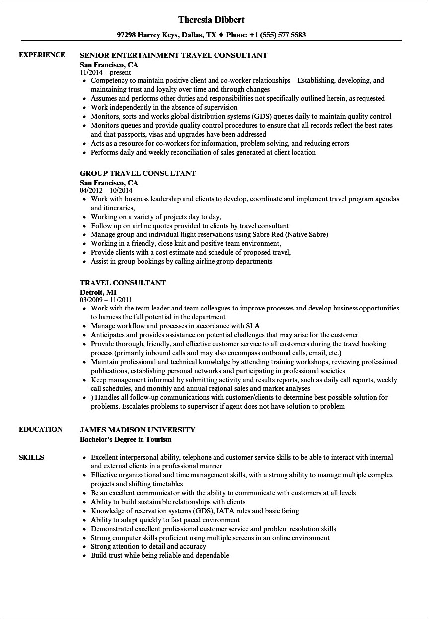 Travel Agent Objective On A Resume