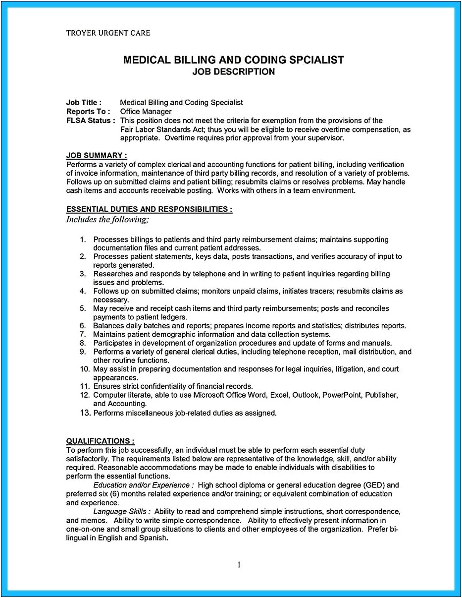 Treatment Specialist Job Description For Resume