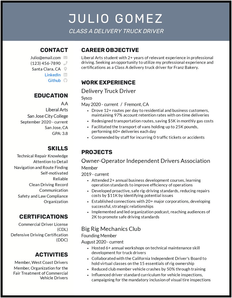 Truck Driver Resume Example No Experience