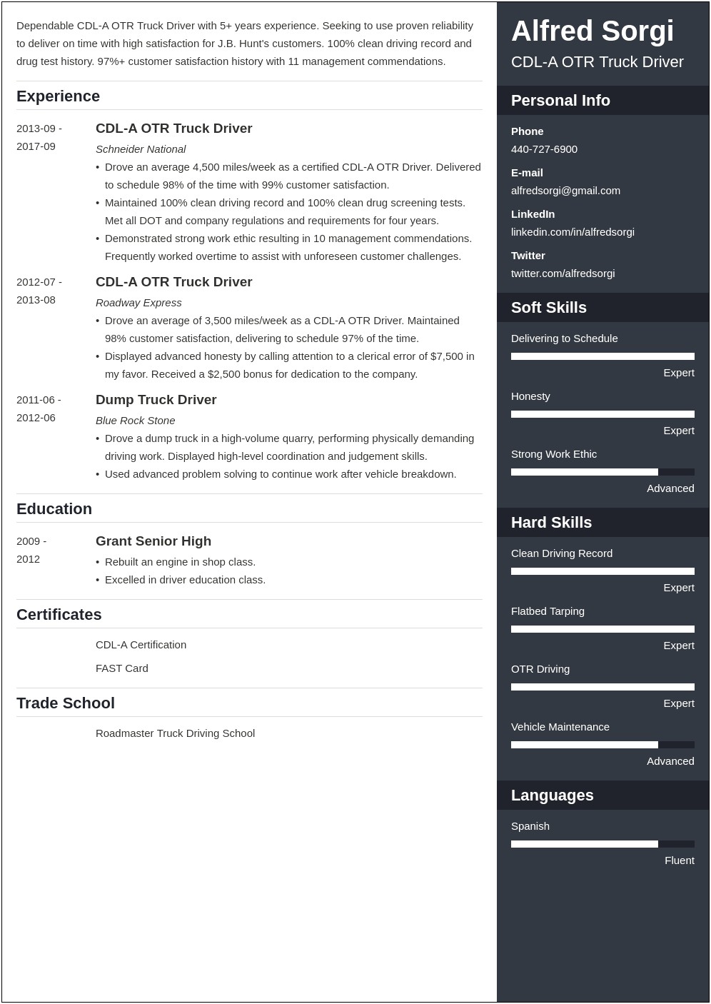 Truck Driver With A Hazmat License Resume Example