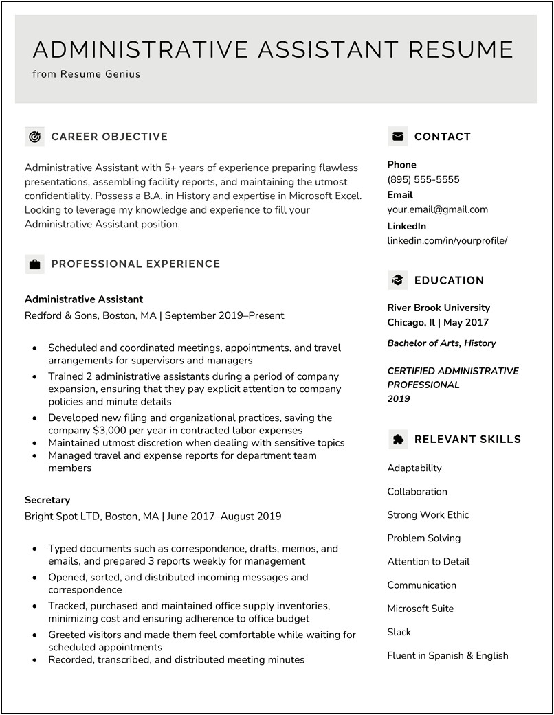Two Page Resume Example Administrative Assistant