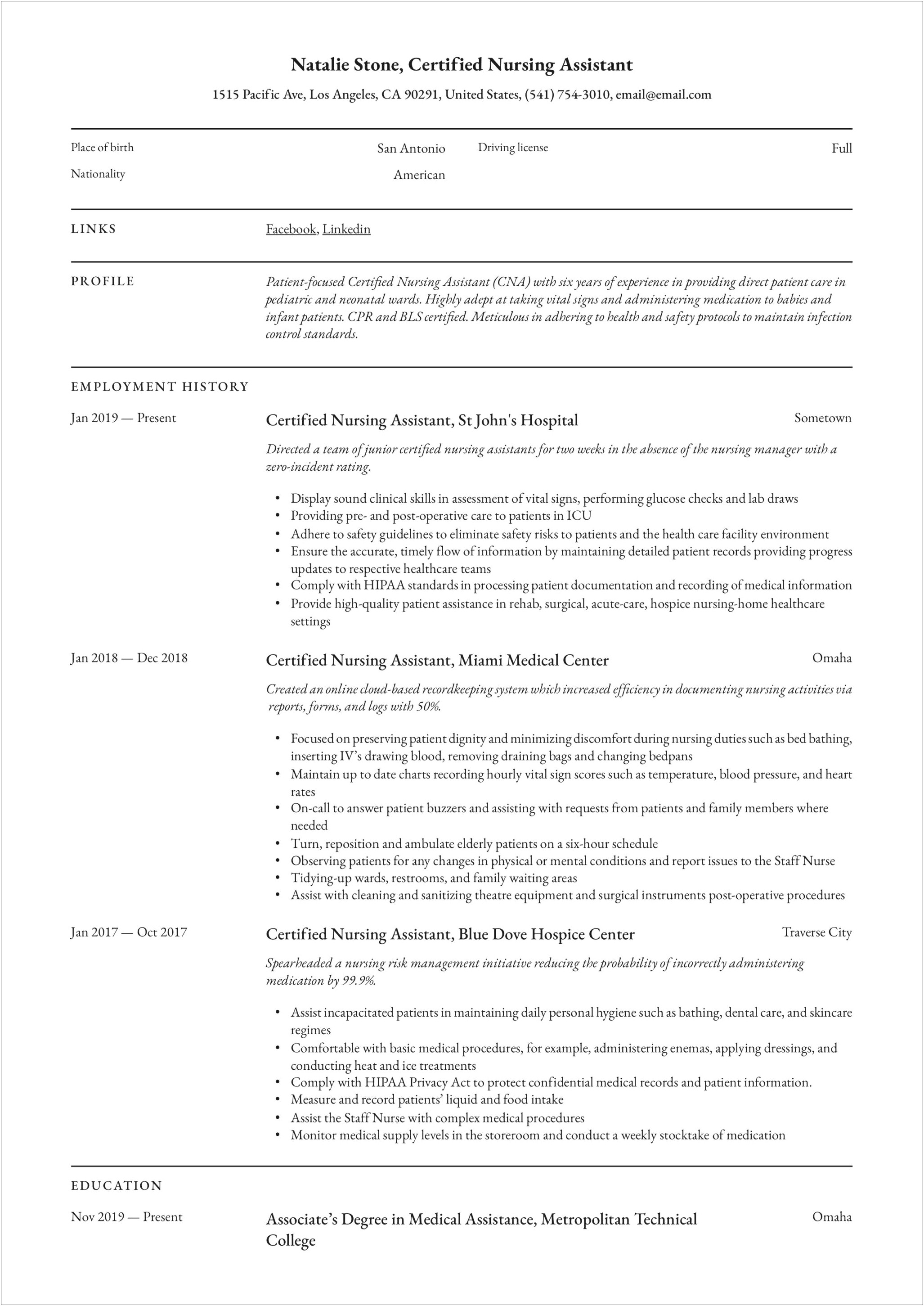 Type Of Oncology Cna Resume Skills