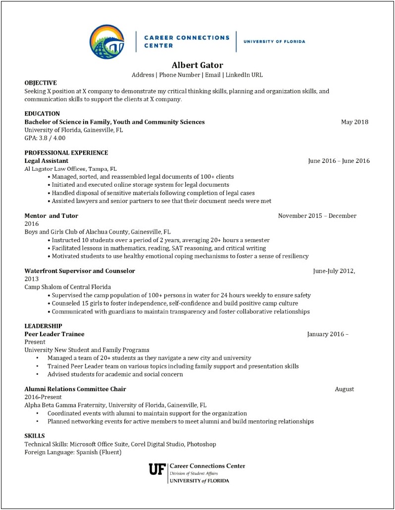 Uf Career Resource Center Sample Resume