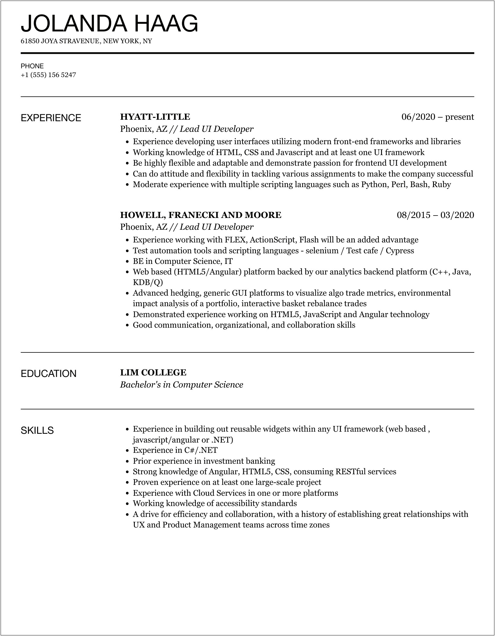 Ui Developer Lead Job Description In Resume
