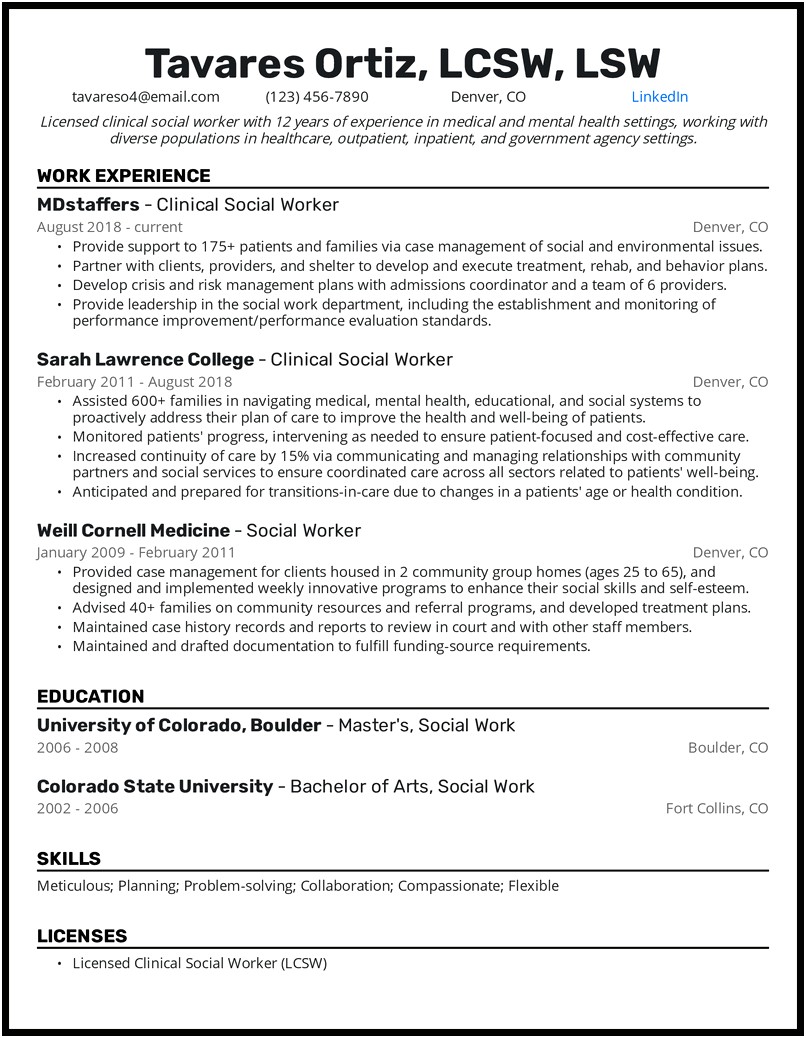 Undergradurate Social Work Student Internship Resume