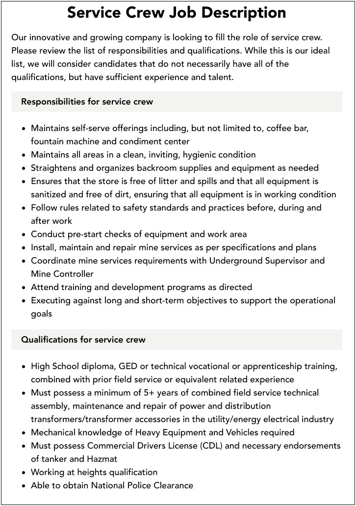 Underground Service Crew Job Description For Resume