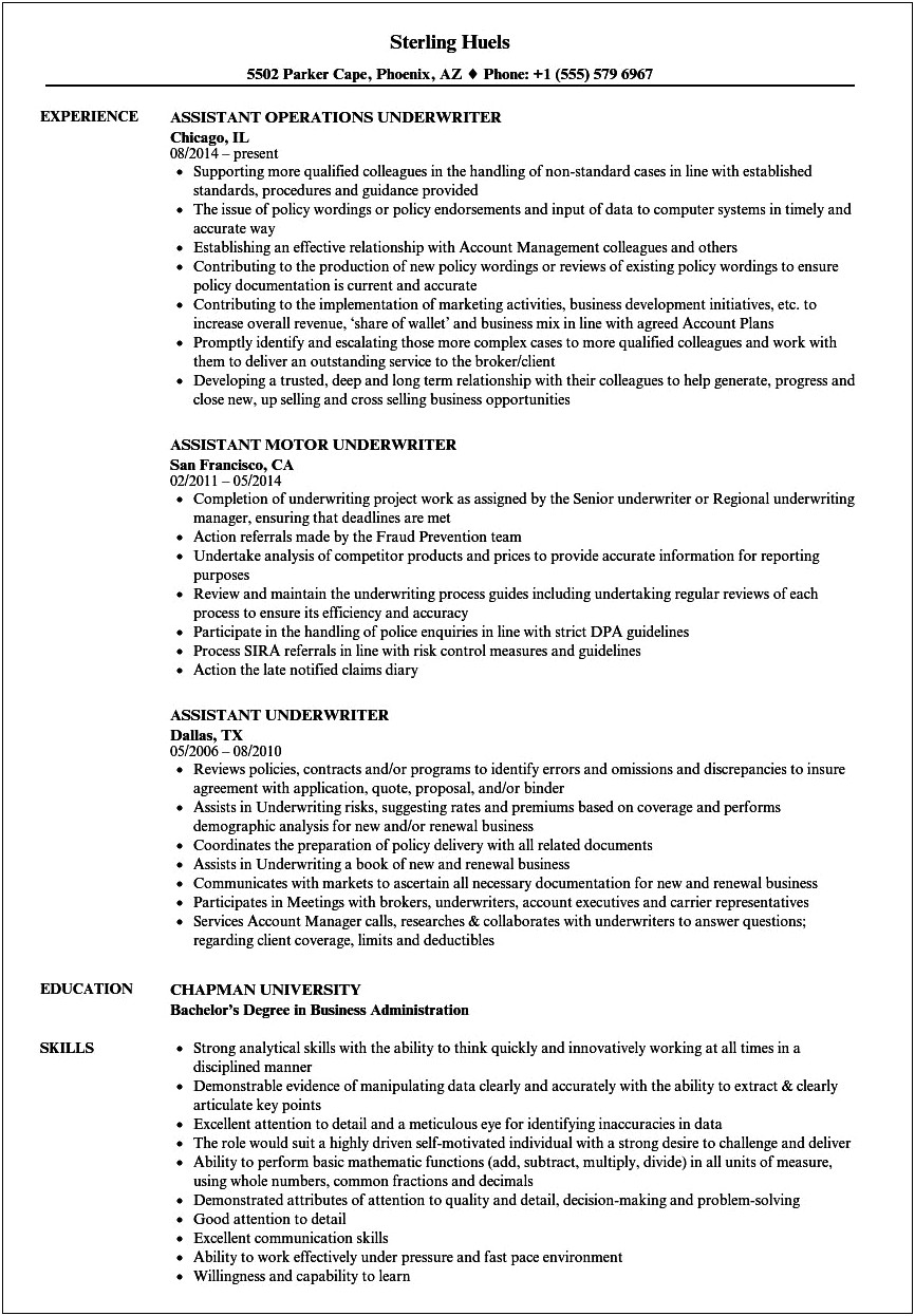 Underwriting Loan Assistant Job Description For Resume