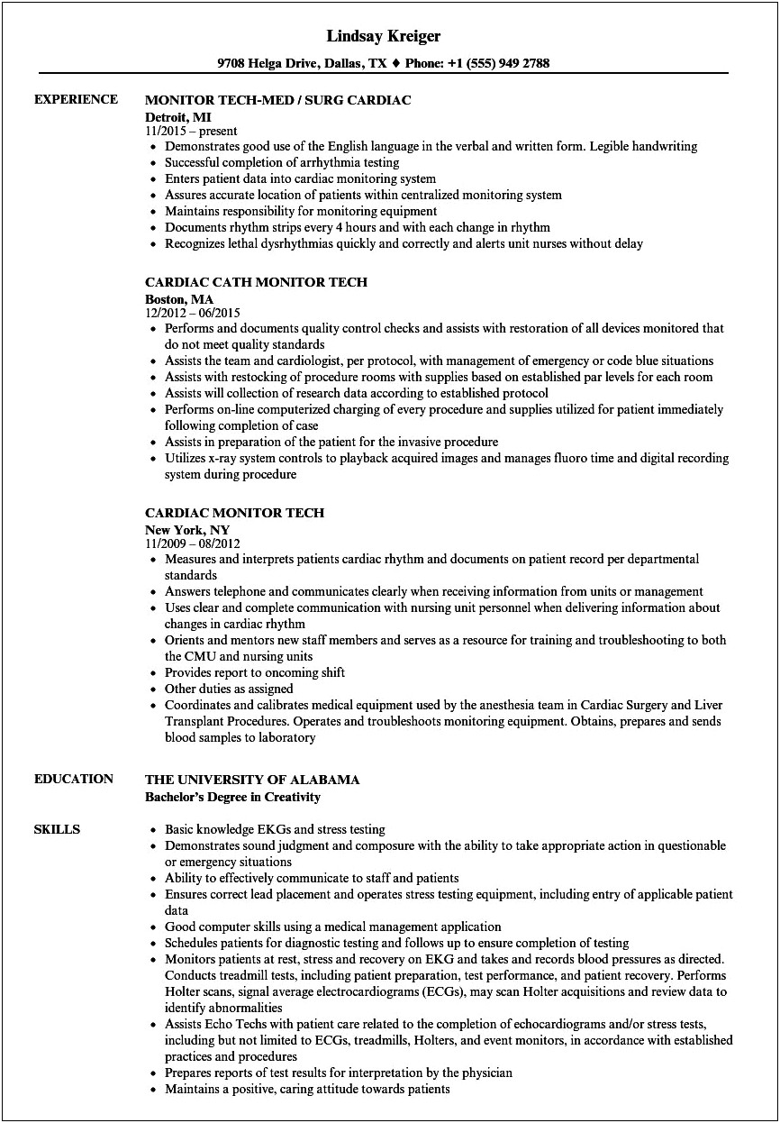 Unit Clerk Monitor Tech Job Description Resume