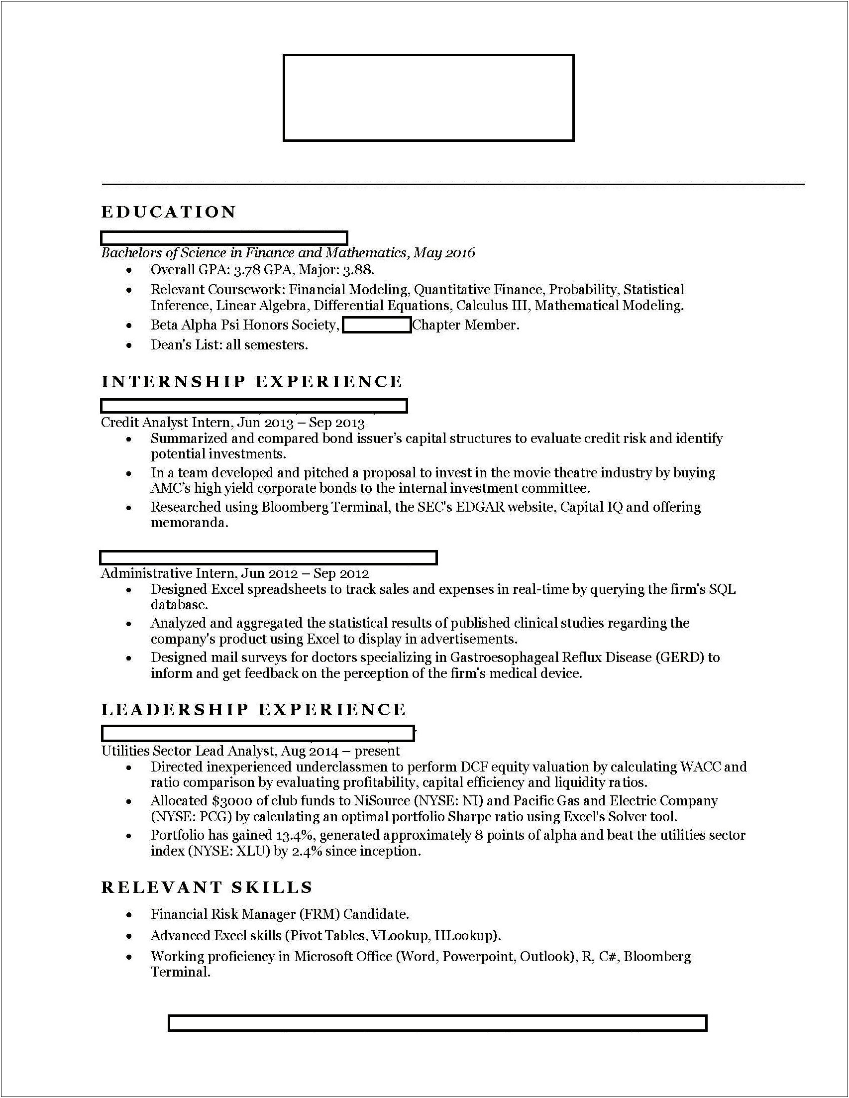 University Student Investment Banking Resume Template