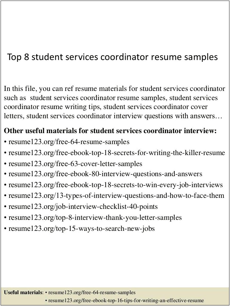 University Student Services Coordinatr Resume Sample