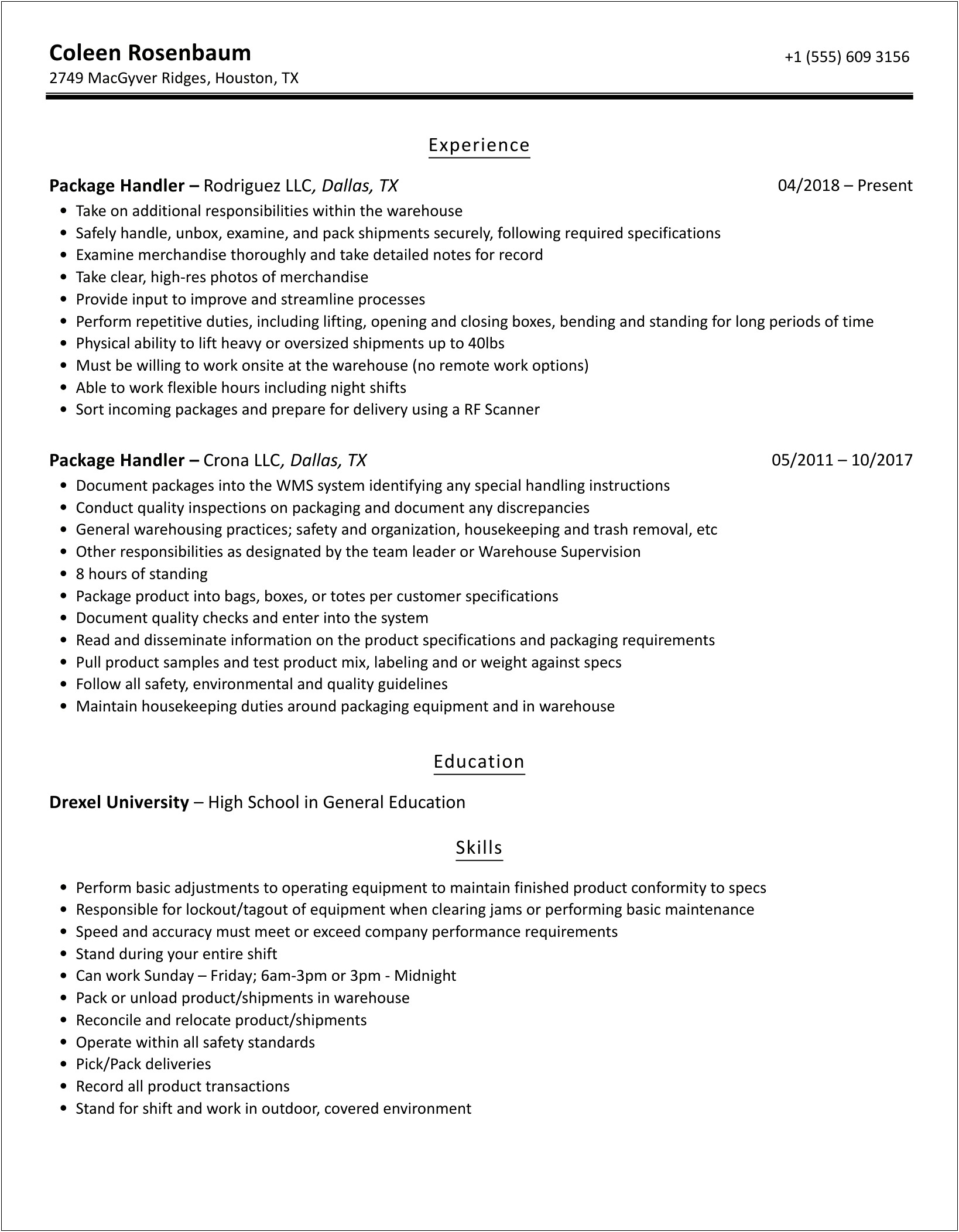Ups Package Handler Job Description For Resume