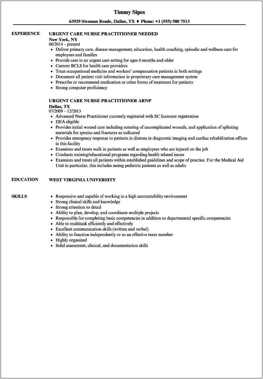Urgent Care Nurse Practitioner Sample Resume