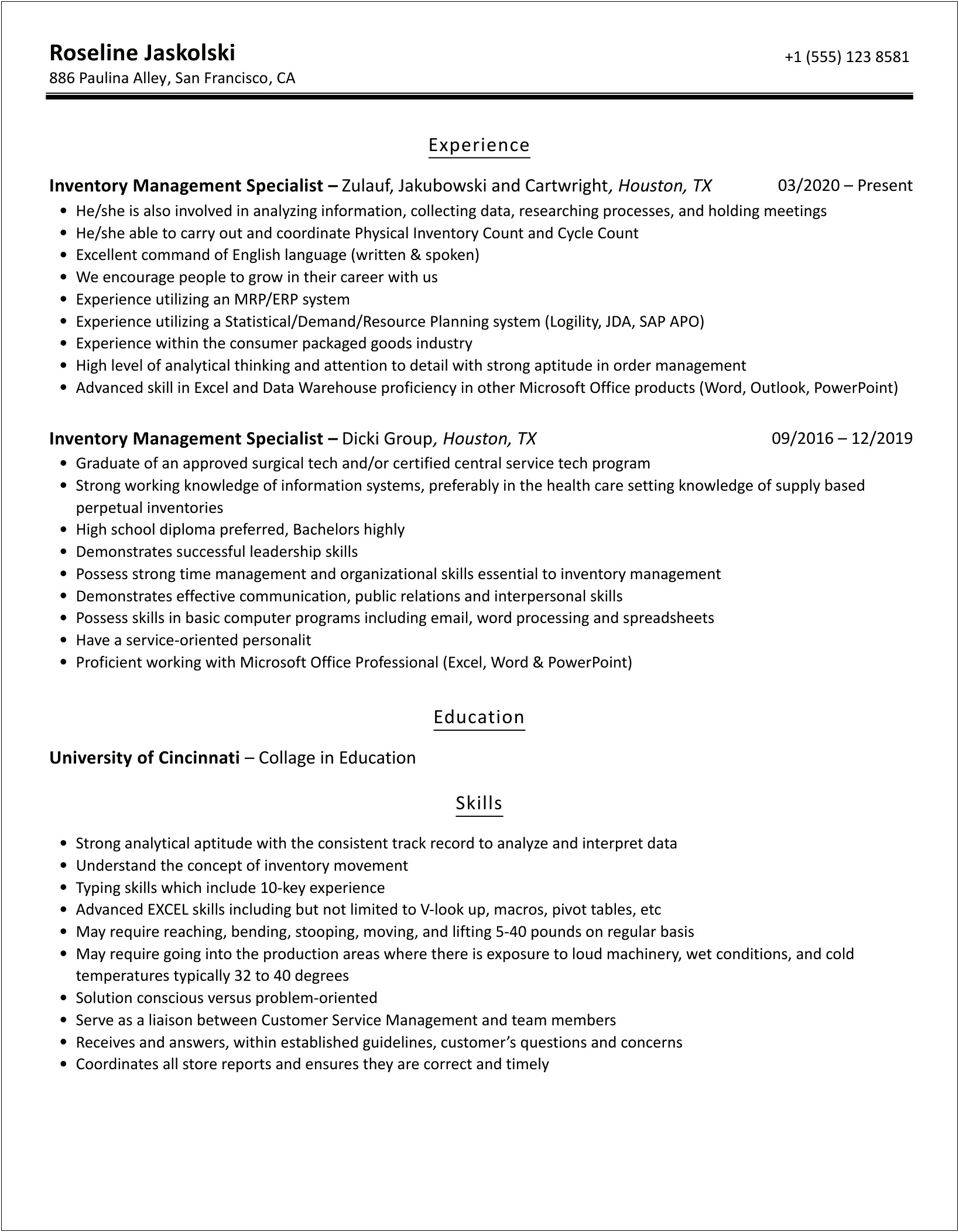 Us Air Force Inventory Management Specialist Resume