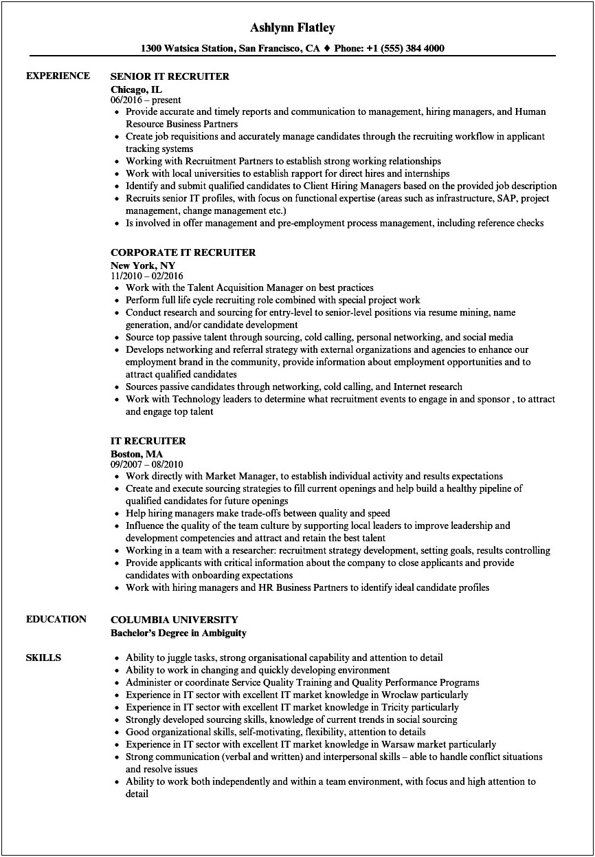 Us It Recruiter Experience Resume Download