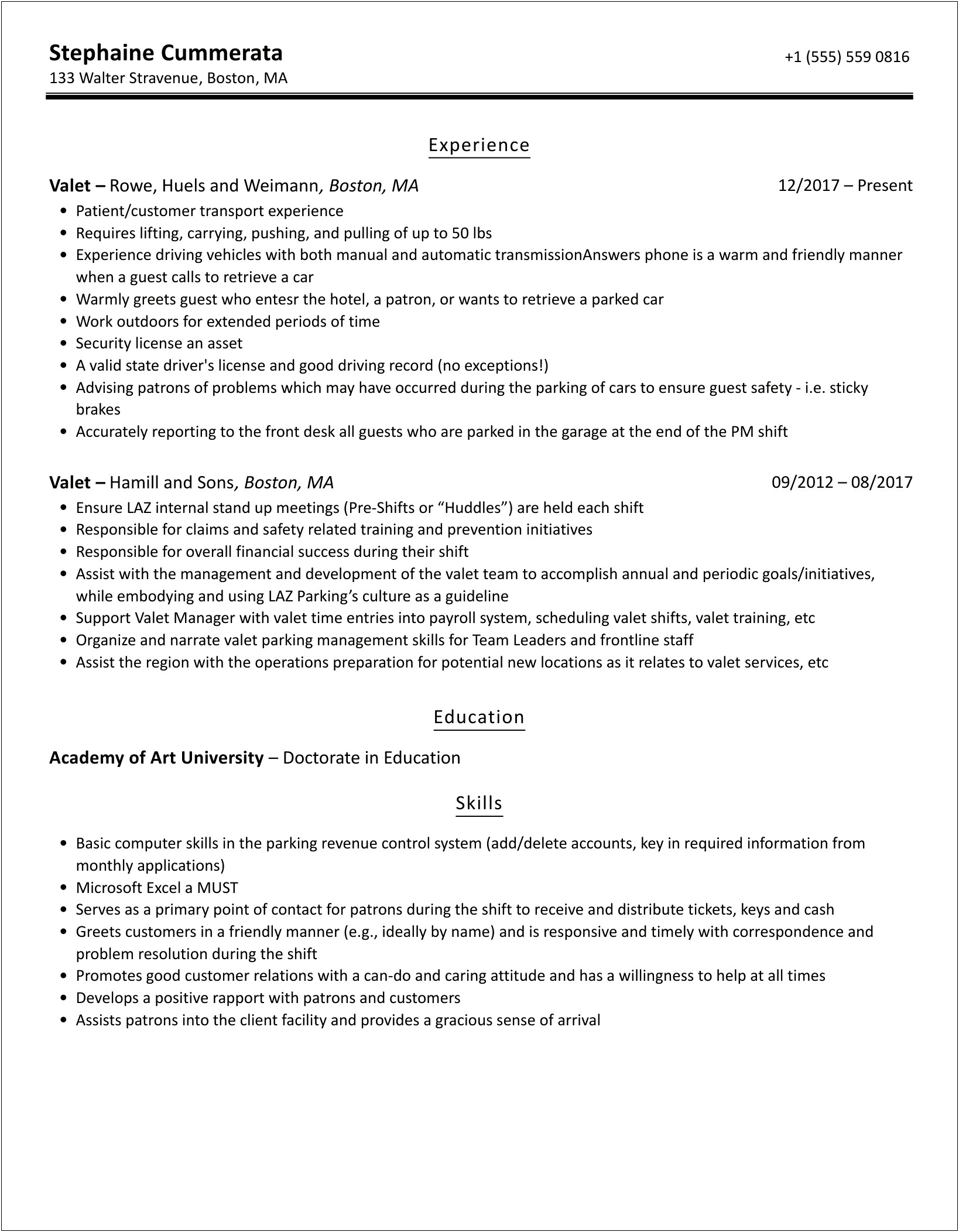 Valet Cashier Job Description For Resume