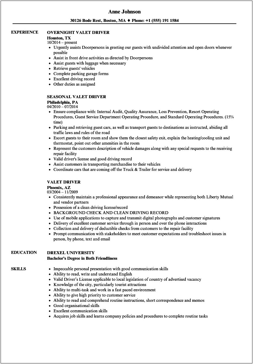 Valet Parking Supervisor Job Description For Resume