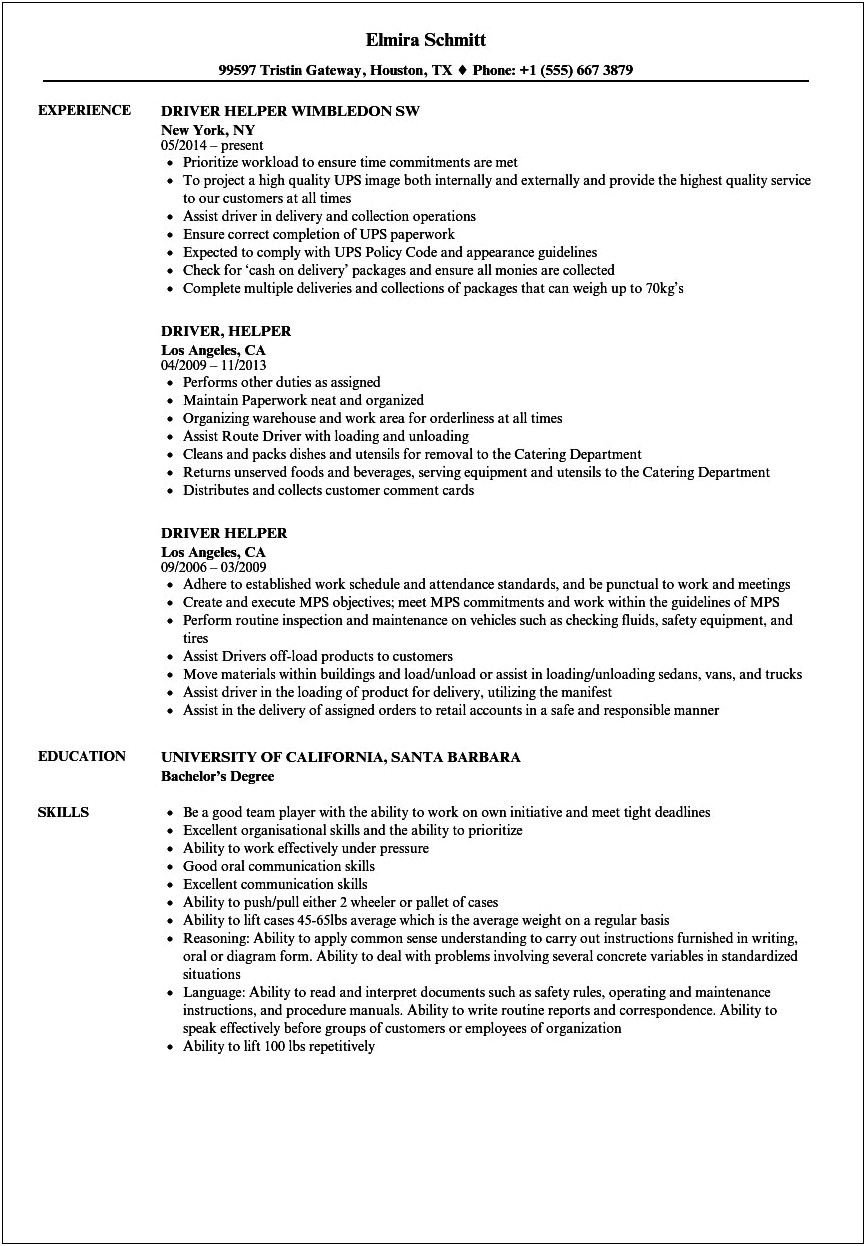 Van Driver Job Description For Resume