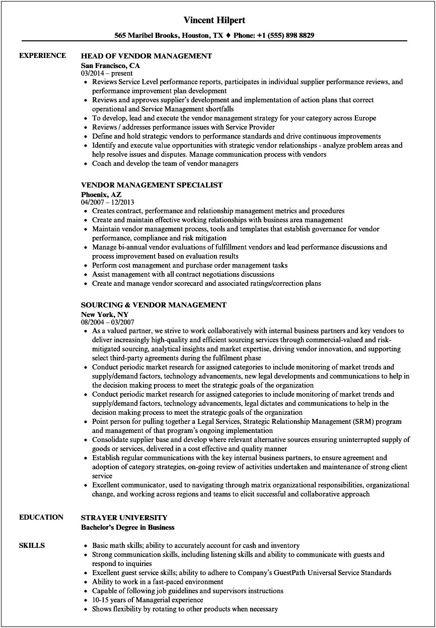 Vendor Manager Job Description For Resume