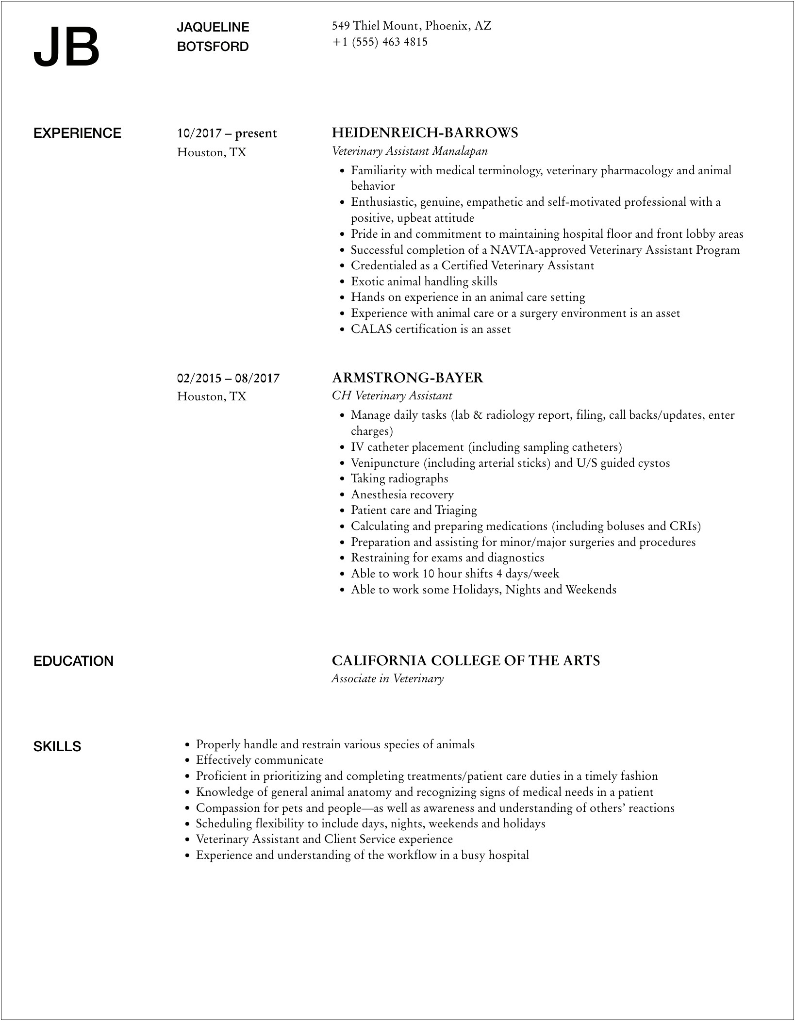 Vet Assistant With No Experience Resume Example
