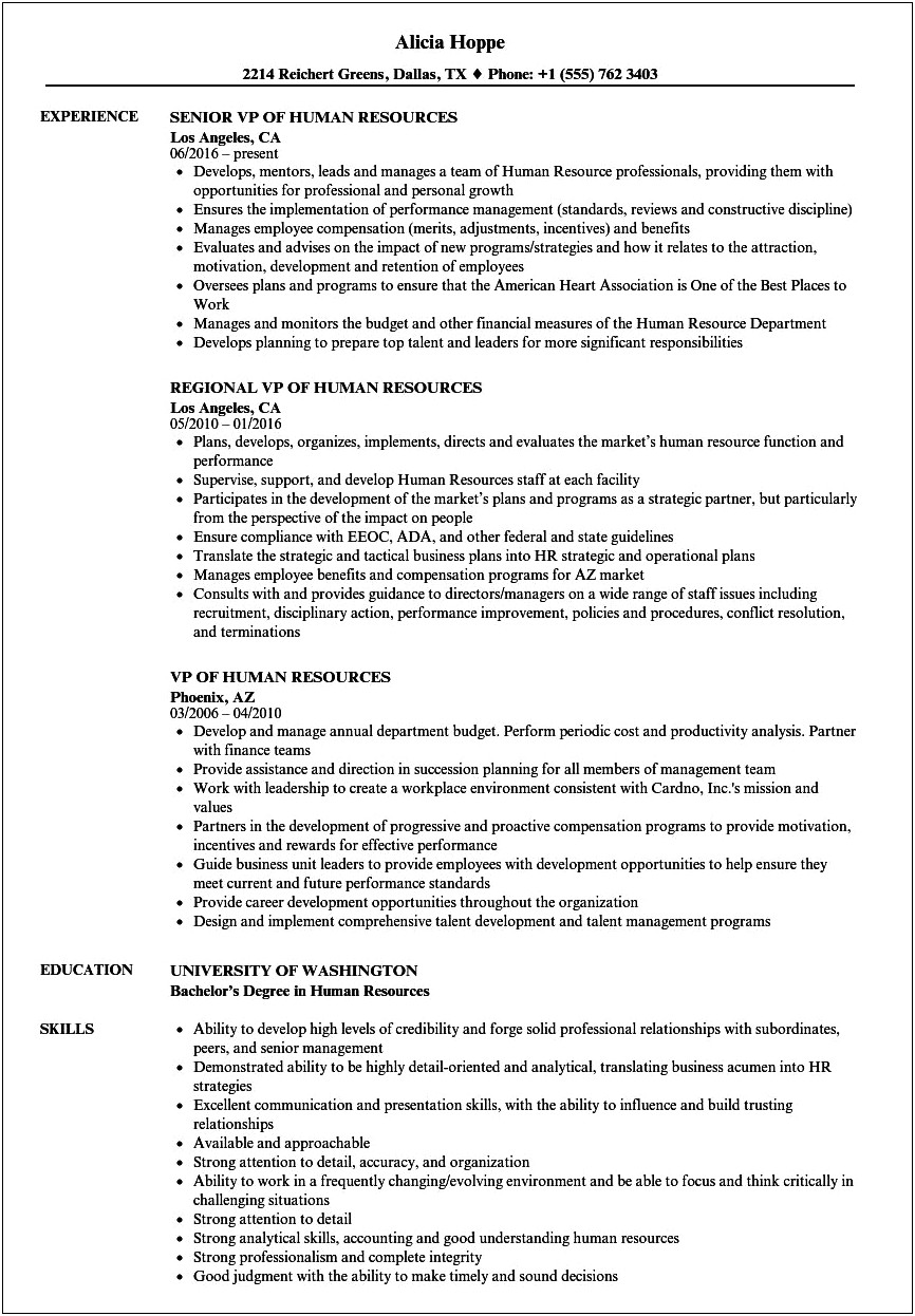 Vice President Of Human Resources Sample Resume