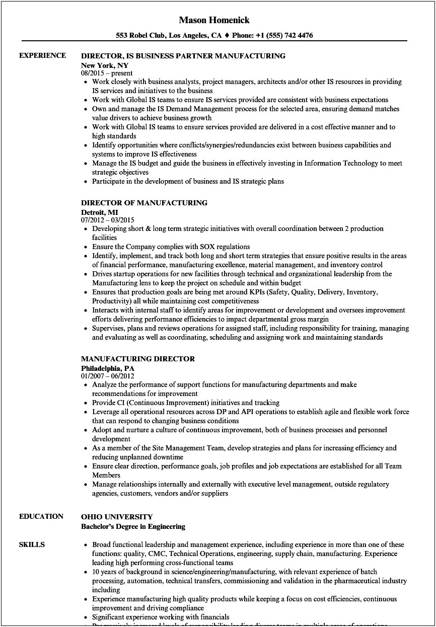 Vice President Of Manufacturing Resume Examples