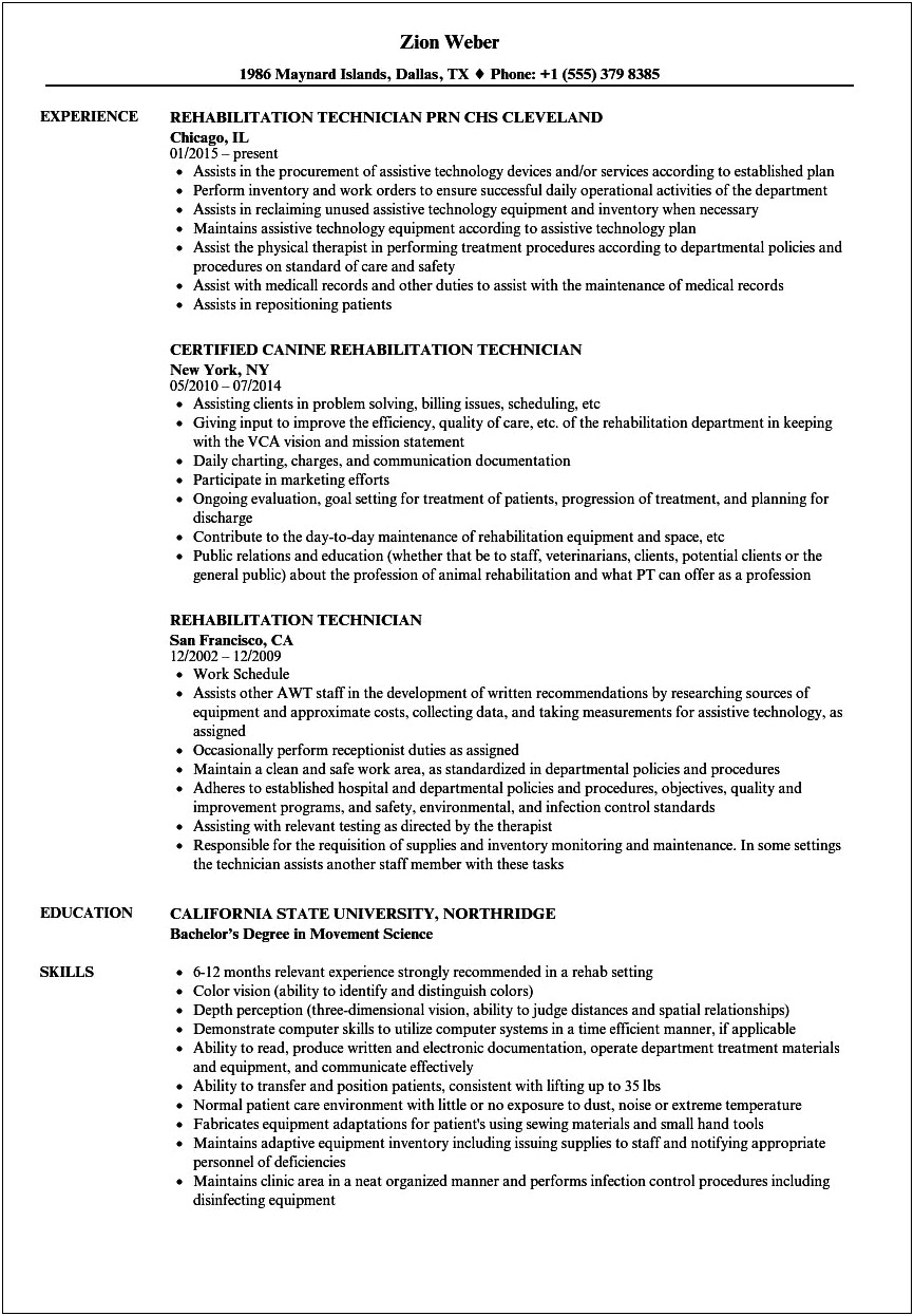 Vocational Rehabilitation Technician Job Description Resume