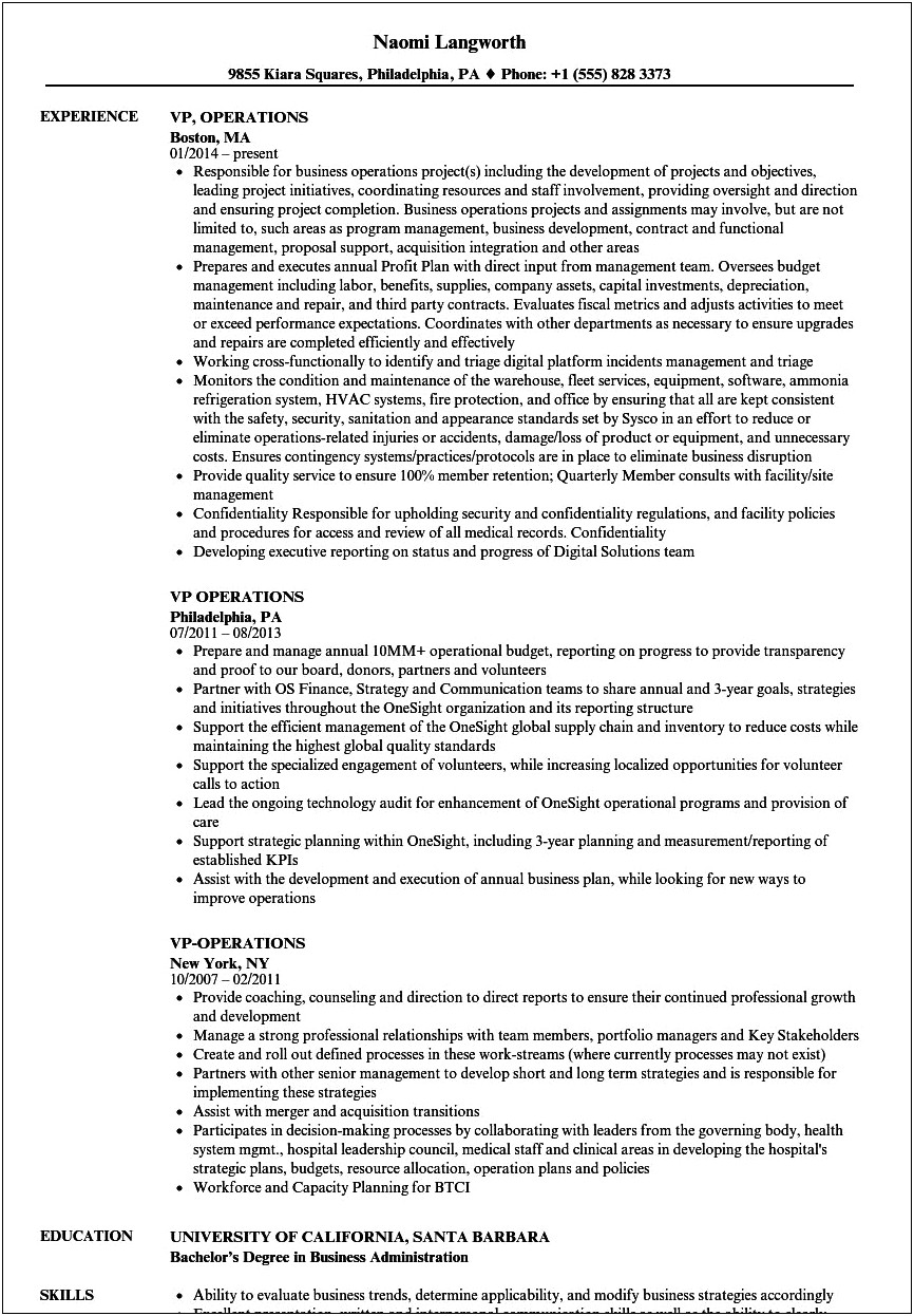 Vp Operations And Sales Resume Sample