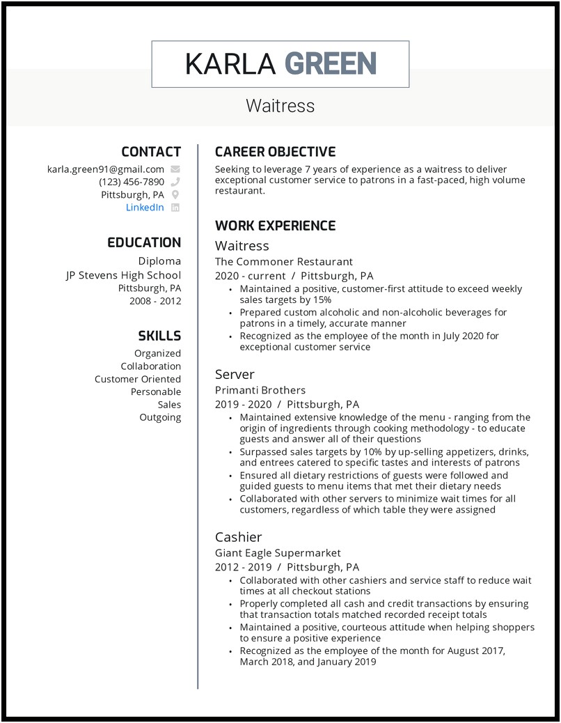 Waitress Resume With No Experience Sample